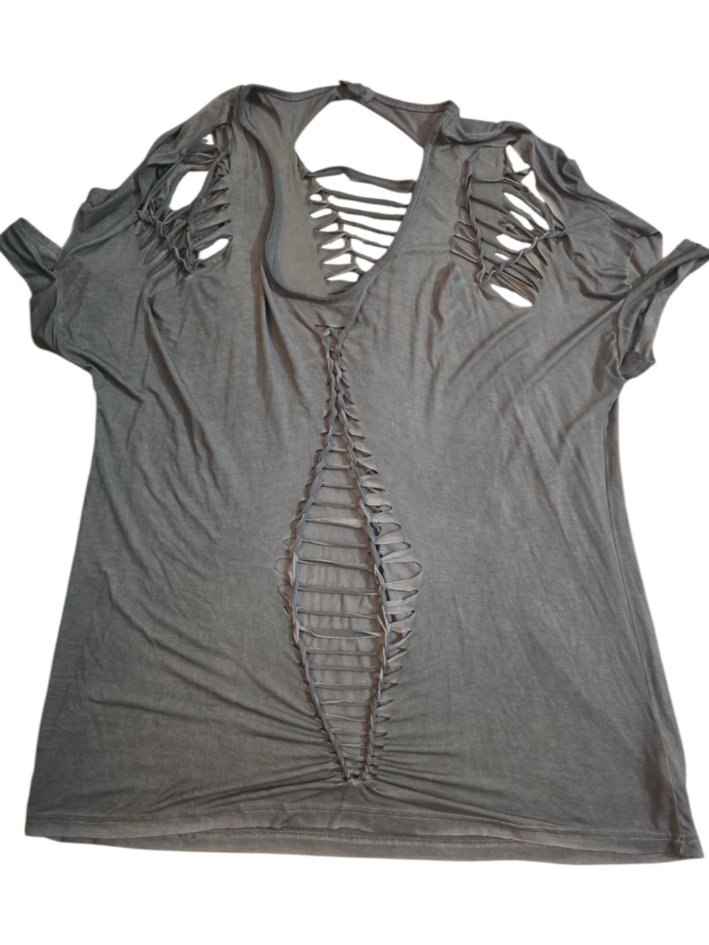POL Grey Distressed Ladder-Cutout Short Sleeve Top